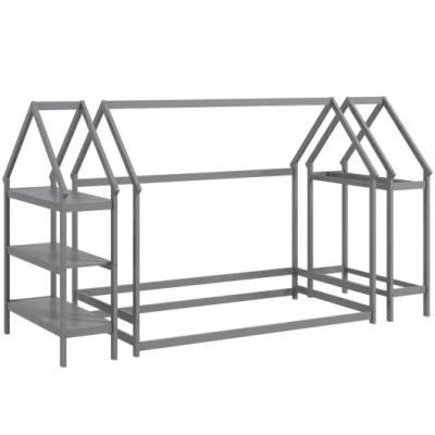Costway Twin Size Montessori Floor House Bed With Detachable Storage Shelves-grey In Multi