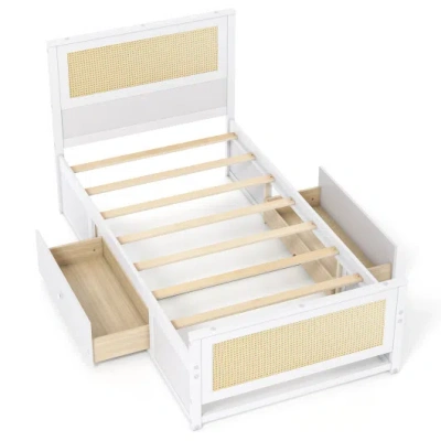 Costway Twin Size Rattan Bed Frame With Storage Drawers-white In Brown