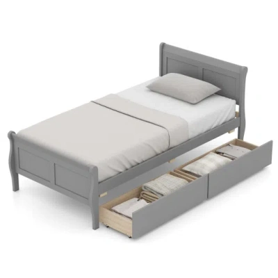 Costway Twin Size Sleigh Bed With 2 Storage Drawers Wood Platform Bed Frame-gray