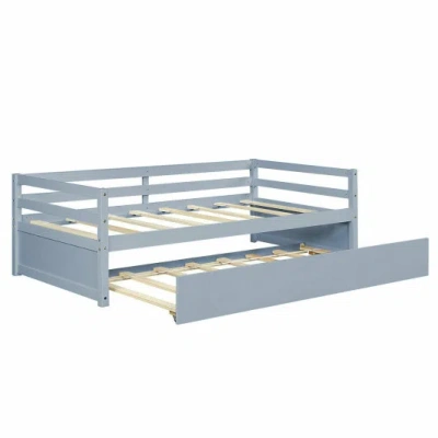 Costway Twin Size Trundle Platform Bed Frame With Wooden Slat Support-gray In Blue
