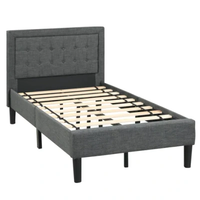 Costway Twin Size Upholstered Bed Frame With Button Tufted Headboard In Gray