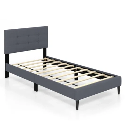 Costway Twin Size Upholstered Platform Bed With Button Tufted Headboard-gray In Blue
