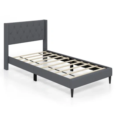 Costway Twin Size Upholstered Platform Bed With Button Tufted Wingback Headboard-gray In Multi