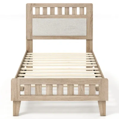 Costway Twin Size Wood Bed Frame With Upholstered Headboard Mid Century Style In Brown