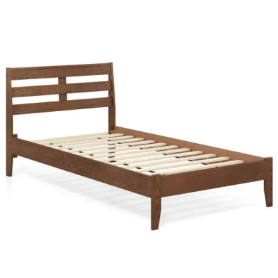 Costway Twin Size Wood Platform Bed Frame With Slat Headboard In Brown