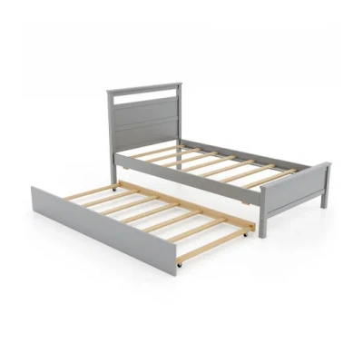 Costway Twin Size Wooden Bed Frame With Trundle For Teens And Adults-gray In Blue
