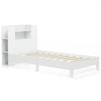 Costway Twin Size Wooden Platform Bed Frame With Bookcase Headboard-white