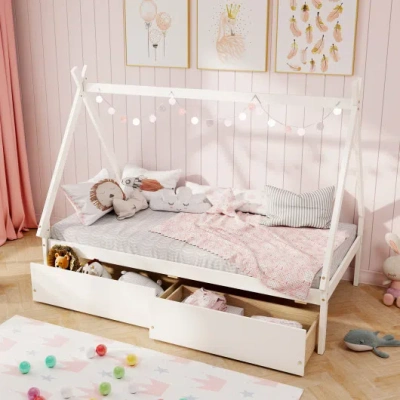 Costway Twin Size Wooden Tent Platform House Bed With 2 Drawers-white In Pink