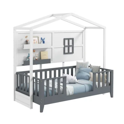 Costway Twin Wood House Bed Montessori Floor Bed With 2 Shelves And Guardrails-gray & White