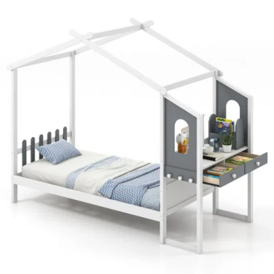 Costway Twin/full Bed Frame With House Roof Canopy And Fence For Kids-twin Size In Gray