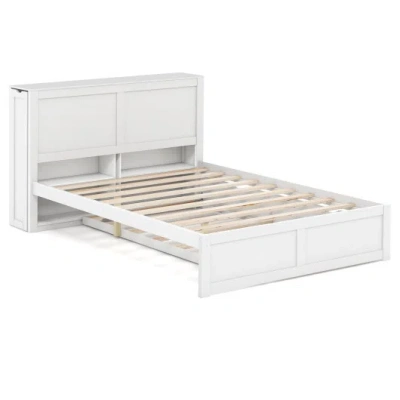 Costway Twin/full Kids Wooden Platform Bed With Trundle Storage Headboard-full Size In White
