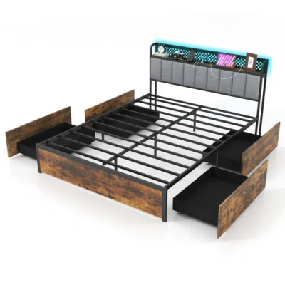 Costway Twin/full/queen Bed Frame With Led Lights, Upholstered Headboard And 4 Storage Drawers-queen Size In Brown