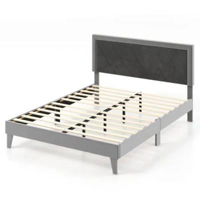 Costway Twin/full/queen Platform Bed With High Headboard And Wooden Slats-queen Size In Gray