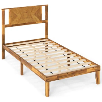 Costway Twin/full/queen Size Bed Frame Mid-century Acacia Wood Platform Bed With Headboard-twin Size In Brown