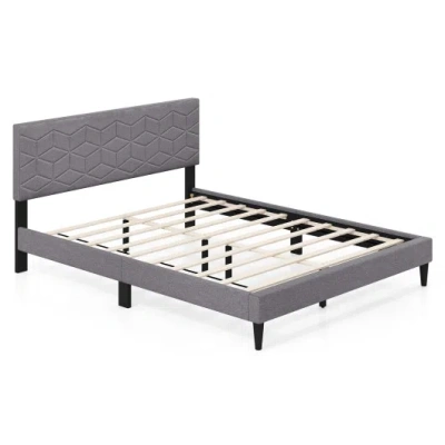 Costway Twin/full/queen Size Bed Frame Modern Platform Bed With Linen Fabric Upholstered Headboard-queen In Gray