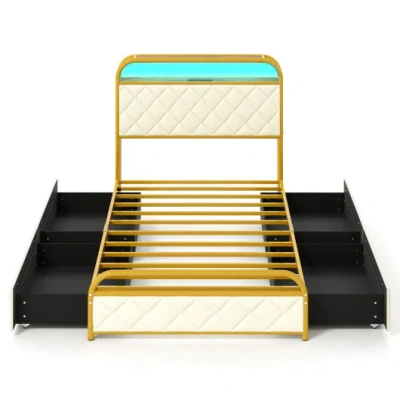 Costway Twin/full/queen Size Bed Frame With Led Lights And Charging Station Gold-twin Size In Black