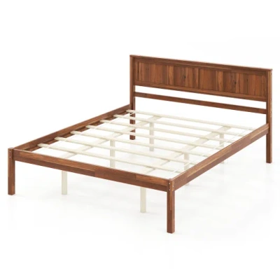 Costway Twin/full/queen Size Bed Frame With Wooden Headboard And Slat Support-queen Size In Brown