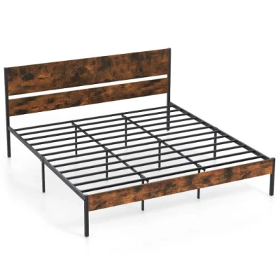 Costway Twin/full/queen/king Metal Bed Frame With Wooden Headboard And Footboard-king Size In Brown