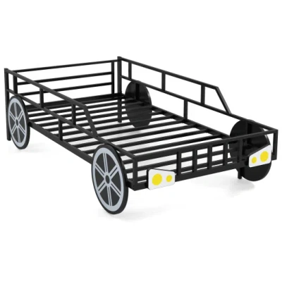 Costway Twin-size Kids Metal Bed Frame Car-shaped With Safety Guardrails-twin Size In Black