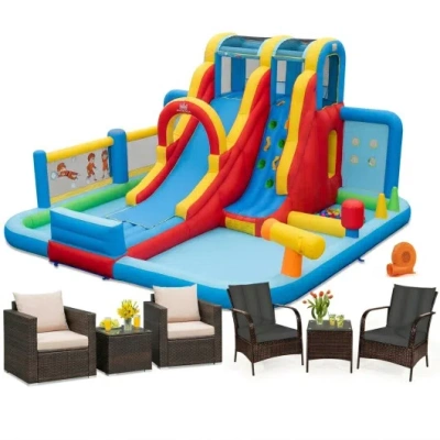 Costway Ultimate Backyard Summer Oasis Set: 6-pc Patio Rattan Furniture, Inflatable Water Slide Park With 68 In Multi