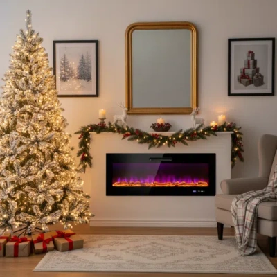 Costway Ultimate Holiday Décor Suite: Pre-lit Snow Flocked Christmas Tree & 50" Recessed Electric Fireplace  In Multi