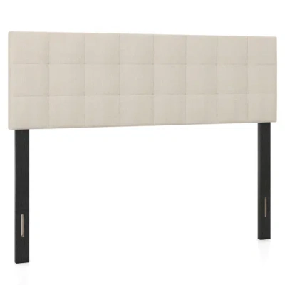 Costway Upholstered Headboard Queen/full Size Quilted Grid Linen Fabric Bed Frame Mount Panel-beige In Neutral
