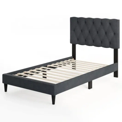 Costway Upholstered Platform Bed With Tufted Headboard And Wooden Slats Gray-twin Size In Black