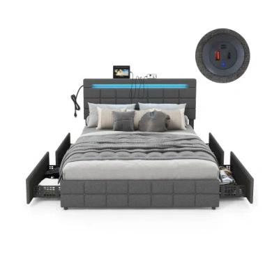 Costway Upholstered Queen Led Bed Frame With Headboard And 4 Drawers-queen Size In Gray