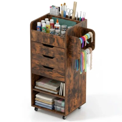 Costway Utility Trolley With Open Shelves And 3 Drawers-rustic Brown In Multi