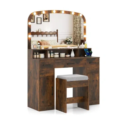 Costway Vanity Desk Makeup Table With Stool 3-color Lights And Charging Station-rustic Brown