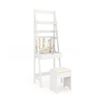 Costway Vanity Desk Set With Flip Top Mirror, Hidden Storage Compartments And Cushioned Stool-white