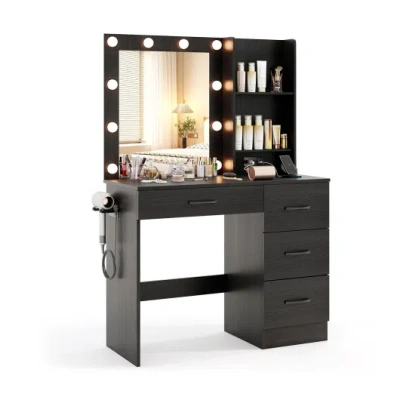 Costway Vanity Desk With 3-color Lights And Power Outlets-black In Multi