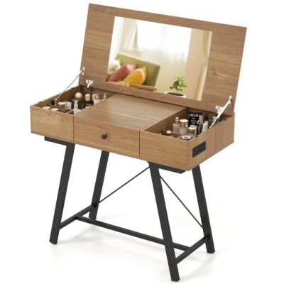 Costway Vanity Desk With Flip Top Mirror Makeup Dressing Table-rustic Brown