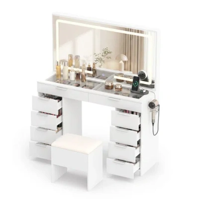 Costway Vanity Desk With Mirror & Lights And Stool With Charging Station For Makeup-white