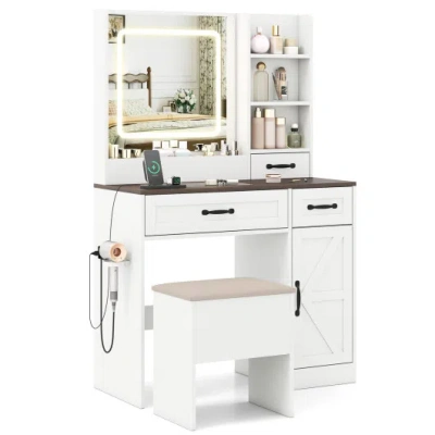 Costway Vanity Desk With Mirror And Lights Farmhouse Makeup Dressing Table-white