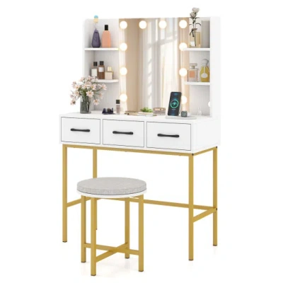 Costway Vanity Desk With Mirror And Lights Makeup Dressing Table And Cushioned Stool Set-white In Gray