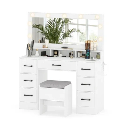 Costway Vanity Desk With Mirror And Lights Makeup Table With Power Outlets-white