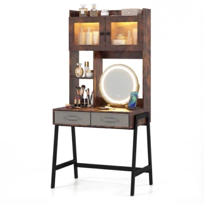 Costway Vanity Desk With Rotatable Mirror And Lights Modern Dressing Table With 3 Light Colors-brown In Multi