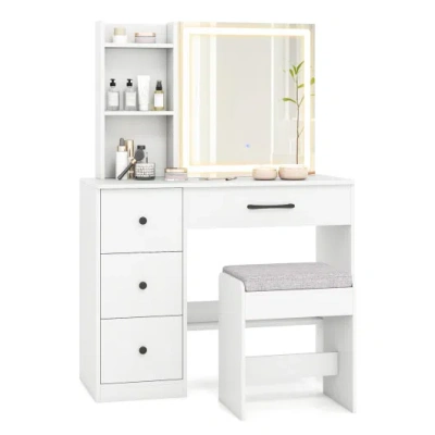 Costway Vanity Desk With Sliding Mirror And Lights Makeup Table And Chair Set With 4 Drawers-white