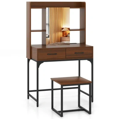 Costway Vanity Desk With Storage Drawers And Charging Station-walnut In Brown