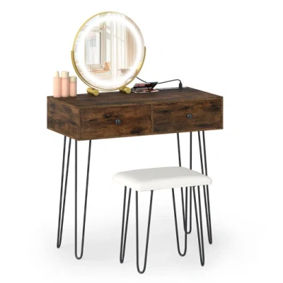 Costway Vanity Desk With With Lighted Adjustable Mirror For Bedroom-rustic Brown