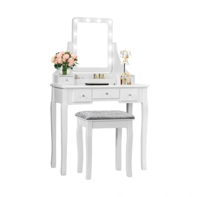 Costway Vanity Dressing Table Set With 10 Dimmable Bulbs And Cushioned Stool-white