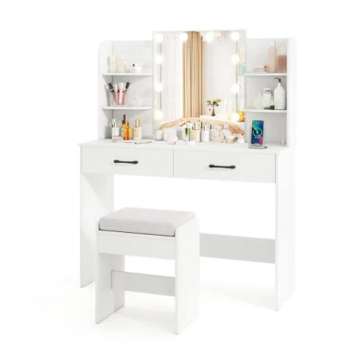 Costway Vanity Set With Lighted Mirror And Stool With Power Outlet-white