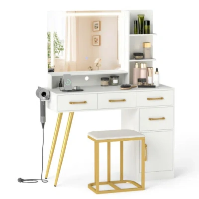 Costway Vanity Set With Mirror And Lights And Table With Adjustable Brightness-white In Multi