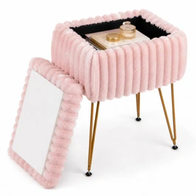 Costway Vanity Stool With Storage And Reversible Lid Faux Fur Upholstered Ottoman-pink