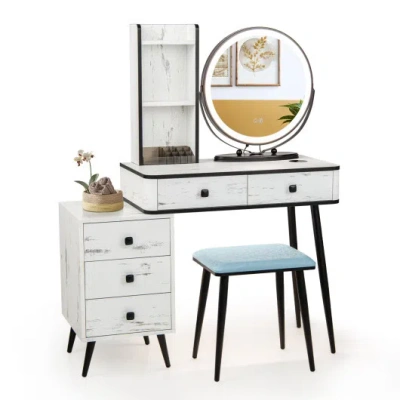 Costway Vanity Table Set With 3-color Lighted Mirror And Cushioned Stool-white