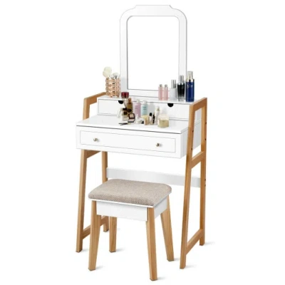Costway Vanity Table Set With Cushioned Stool And Large Mirror In White