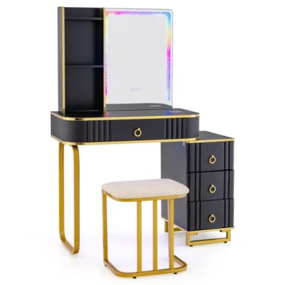 Costway Vanity Table Set With Rgb Led Lights And Wireless Charging Station-black