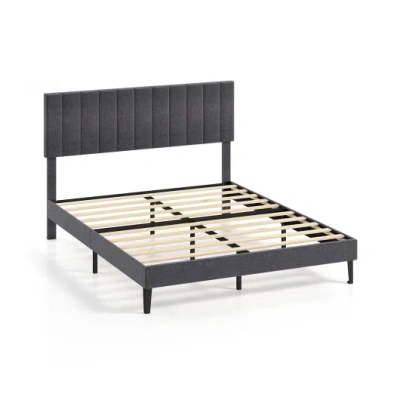 Costway Velvet Upholstered Platform Bed With Height Adjustable Vertical Channel Headboard-queen Size In Gray