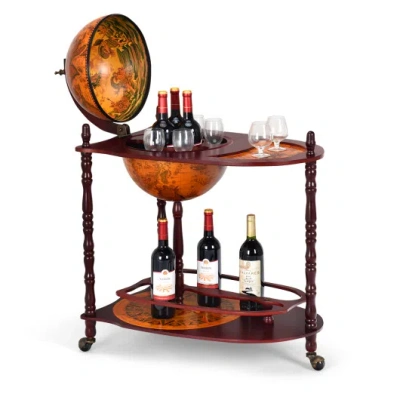 Costway Vintage Globe Rolling Wine Bar Cart With Extra Shelf In Brown